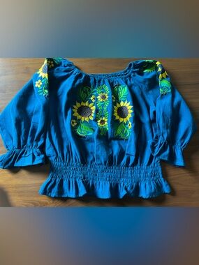 Boho Embroidered Sunflower Peasant Blouse - Blue Size M